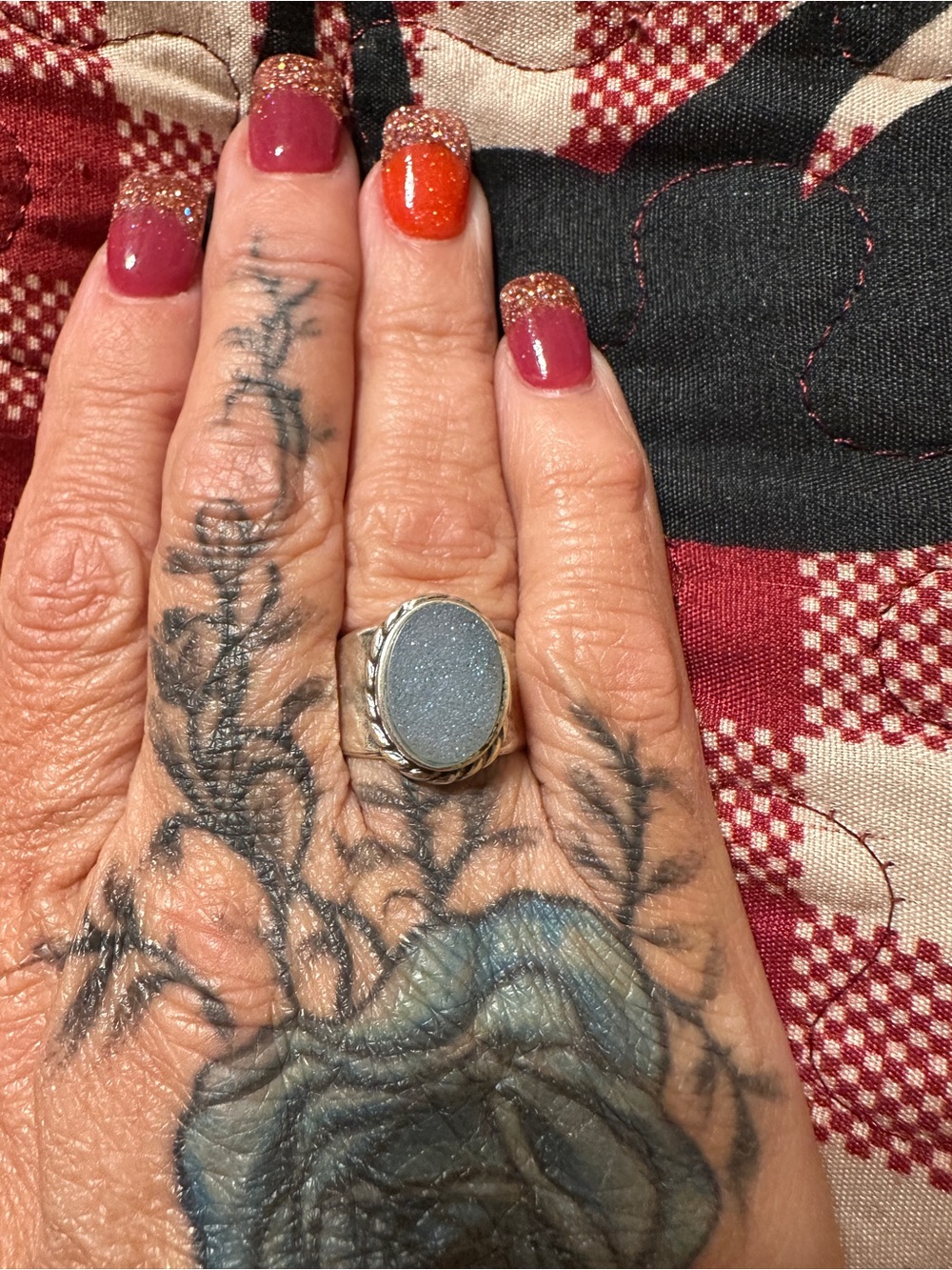 Sterling Silver Blue Druzy Oval Statement Ring - Blue